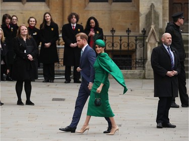 LONDON, ENGLAND - MARCH 09:  Prince Harry, Duke of Sussex (L) and Meghan, Duchess of Sussex arrive to attend the annual Commonwealth Service at Westminster Abbey on March 9, 2020 in London, England.