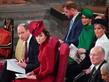 LONDON, ENGLAND - MARCH 09: Prince William, Duke of Cambridge, Catherine, Duchess of Cambridge, Prince Harry, Duke of Sussex, Meghan, Duchess of Sussex, Prince Edward, Earl of Wessex and Sophie, Countess of Wessex attend the Commonwealth Day Service 2020 on March 9, 2020 in London, England.