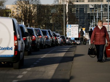 Motorists seek to enter Poland hours before the border is to be sealed to foreigners wait in a traffic jam at the border on March 14, 2020 near Frankfurt an der Oder, Germany.
