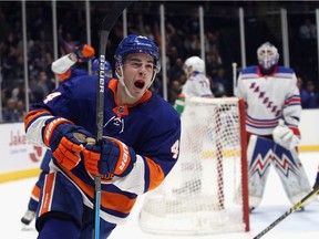 Jean-Gabriel Pageau, traded away by the Senators on Monday, celebrates after scoring his first goal for the Islanders in a game against the Rangers on Tuesday night.