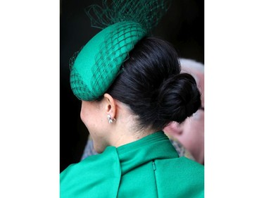 LONDON, ENGLAND - MARCH 09: Meghan, Duchess of Sussex, hat and earring detail, attends the Commonwealth Day Service 2020 at Westminster Abbey on March 09, 2020 in London, England. The Commonwealth represents 2.4 billion people and 54 countries, working in collaboration towards shared economic, environmental, social and democratic goals.