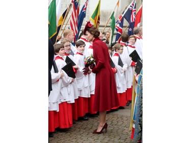 LONDON, ENGLAND - MARCH 09: Catherine, Duchess of Cambridge speaks to choir boys as she departs the Commonwealth Day Service 2020 at Westminster Abbey on March 09, 2020 in London, England. The Commonwealth represents 2.4 billion people and 54 countries, working in collaboration towards shared economic, environmental, social and democratic goals.