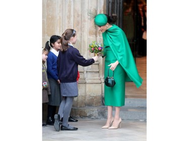 LONDON, ENGLAND - MARCH 09: Meghan, Duchess of Sussex speaks to a young wellwisher as she departs the Commonwealth Day Service 2020 at Westminster Abbey on March 09, 2020 in London, England. The Commonwealth represents 2.4 billion people and 54 countries, working in collaboration towards shared economic, environmental, social and democratic goals.