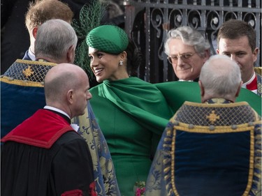 LONDON, ENGLAND - MARCH 09: Meghan, Duchess of Sussex leaves after attending the annual Commonwealth Day Service at Westminster Abbey on March 9, 2020 in London, England.