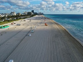 An aerial view from a drone shows an area of Miami Beach that the city closed in an effort to prevent the spread of the coronavirus.