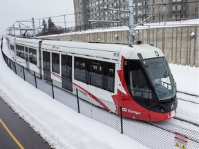 Trains travel the Confederation Line of the Ottawa LRT system at Lees Station. February 10, 2020.