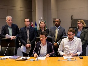 Ottawa City Councillors (L-R-back row) Riley Brockington, Mathieu Fleury, Carol Anne Meehan, Rawlson King, Theresa Kavanagh, and (L-R front row) Catherine McKenney, and Shawn Menard held a press conference on Tuesday morning regarding issues with LRT Stage 1 and 2.