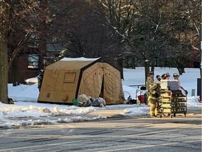A hazmat decontamination tent for firefighters working on a fire at the Lincoln Fields Hydro Ottawa substation Saturday morning.