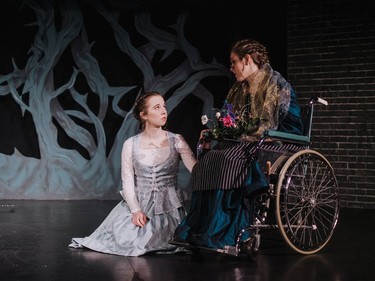 Karen, played by Maggie Fyfe (L) and Mags, played by Grace Brunner (R) having a heartfelt conversation during Elmwood School's production of The Red Shoes held on February 29th, 2020 in Ottawa, ON.