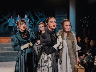 (L-R) Bobby, played by Ellie Bidgood, Mrs Priestly, played by Orla Kelly, Mariella, played by Lauren Jane Hudson, and Karen, played by Maggie Fyfe, during Elmwood School's production of The Red Shoes held on February 29th, 2020 in Ottawa, ON.