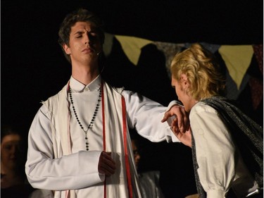 Frollo played by Philip Lukic (L) and Phoebus (R) played by Jameel Ferzli, during Sir Wilfrid Laurier Secondary School's Cappies production of The Hunchback of Notre Dame, held on March 5th, 2020 at Sir Wilfrid Laurier Secondary School in Ottawa, On.