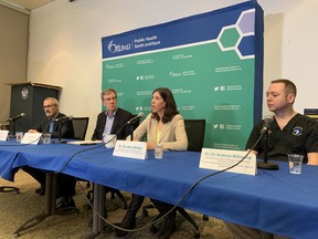 Chair Keith Egli of the Ottawa Board of Health, Mayor Jim Watson, Dr. Vera Etches, Medical Officer of Health, Ottawa Public Health Dr. Andrew Willmore, Medical Director, Department of Emergency Management for the Ottawa Hospital, provide an update on the first confirmed case of novel coronavirus (COVID-19) in Ottawa.