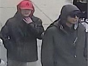 One suspect in a stabbing on Murray Street on Thursday, March 20, was wearing a red hat, and is wanted on a charge of attempted murder. Police said he is white, 20-30 years old and stands about five feet, five inches tall. The second suspect was wearing a grey coat and sunglasses and is about five feet, eight inches tall with a medium build. He is wanted on a charge of being a party to attempted murder. OPS