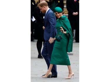 Britain's Prince Harry, Duke of Sussex, (L) and Meghan, Duchess of Sussex arrive to attend the annual Commonwealth Service at Westminster Abbey in London on March 09, 2020. - Britain's Queen Elizabeth II has been the Head of the Commonwealth throughout her reign. Organised by the Royal Commonwealth Society, the Service is the largest annual inter-faith gathering in the United Kingdom. (Photo by Tolga AKMEN / AFP)