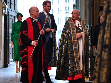 Britain's Prince Harry, Duke of Sussex, (3rd-L) and Meghan, Duchess of Sussex (1st-L) attend the annual Commonwealth Service at Westminster Abbey in London on March 09, 2020. - Britain's Queen Elizabeth II has been the Head of the Commonwealth throughout her reign. Organised by the Royal Commonwealth Society, the Service is the largest annual inter-faith gathering in the United Kingdom. (Photo by Ben STANSALL / various sources / AFP)