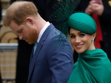 Britain's Prince Harry, Duke of Sussex, (L) and Meghan, Duchess of Sussex arrive to attend the annual Commonwealth Service at Westminster Abbey in London on March 09, 2020. - Britain's Queen Elizabeth II has been the Head of the Commonwealth throughout her reign. Organised by the Royal Commonwealth Society, the Service is the largest annual inter-faith gathering in the United Kingdom. (Photo by Tolga AKMEN / AFP)