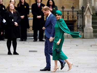 Britain's Prince Harry, Duke of Sussex, (L) and Meghan, Duchess of Sussex arrive to attend the annual Commonwealth Service at Westminster Abbey in London on March 09, 2020. - Britain's Queen Elizabeth II has been the Head of the Commonwealth throughout her reign. Organised by the Royal Commonwealth Society, the Service is the largest annual inter-faith gathering in the United Kingdom. (Photo by Tolga AKMEN / AFP)