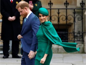 Britain's Prince Harry, Duke of Sussex, (L) and Meghan, Duchess of Sussex arrive to attend the annual Commonwealth Service at Westminster Abbey in London on March 09, 2020. - Britain's Queen Elizabeth II has been the Head of the Commonwealth throughout her reign. Organised by the Royal Commonwealth Society, the Service is the largest annual inter-faith gathering in the United Kingdom.