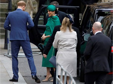 Britain's Prince Harry, Duke of Sussex, (L) and Meghan, Duchess of Sussex (2L) arrive to attend the annual Commonwealth Service at Westminster Abbey in London on March 09, 2020. - Britain's Queen Elizabeth II has been the Head of the Commonwealth throughout her reign. Organised by the Royal Commonwealth Society, the Service is the largest annual inter-faith gathering in the United Kingdom. (Photo by Tolga AKMEN / AFP)