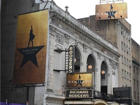 The marquee for the production of Hamilton in Manhattan's iconic Broadway theater district.