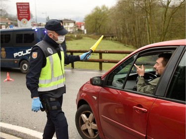 At the border post of Dancharia the Spanish police and civil guard refuse access to Spanish territory to the vehicles in the context of measures taken by the Spanish state against the spread of the COVID-19, in Ainhoa, southwestern France.