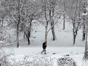 A man walks on a snow-covered path.
