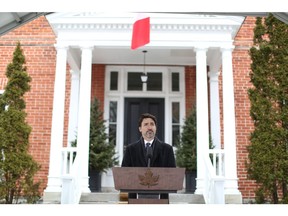 Prime Minister Justin Trudeau speaks during a news conference on COVID-19 situation on March 19.