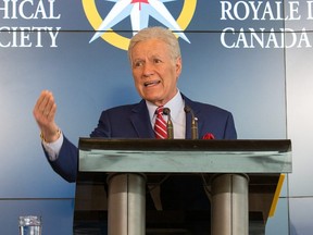 Alex Trebek speaks during the official opening of Canada’s Centre for Geography and Exploration, the new headquarters of The Royal Canadian Geographical Society, in Ottawa on May 13, 2019.