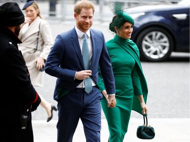 Britain's Prince Harry and Meghan, Duchess of Sussex, arrive for the annual Commonwealth Service at Westminster Abbey in London, Britain March 9, 2020. REUTERS/Henry Nicholls ORG XMIT: MEX309