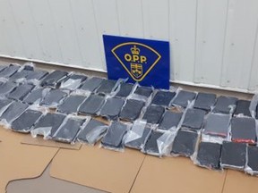 Part of a haul of 50 kg of cocaine seized by OPP in a traffic stop on Highway 401 Monday.