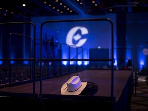 A cowboy hat is left inside an empty ballroom at the Conservative national convention in Halifax on Saturday, Aug. 25, 2018.