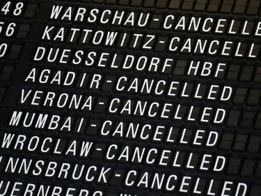 Information board shows cancelled flights at the airport, as the spread of the coronavirus disease (COVID-19) continues, in Frankfurt, Germany.