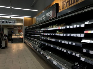 Empty shelves are seen at a Sainsbury's store in south London as the numbers of coronavirus cases continues to rise around the world, in London, Britain.