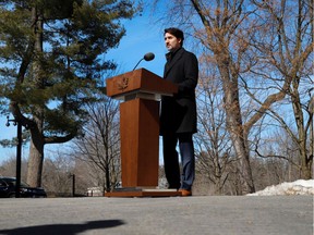Canada's Prime Minister Justin Trudeau speaks to the media outside his home in Ottawa, Ontario, Canada March 16, 2020.