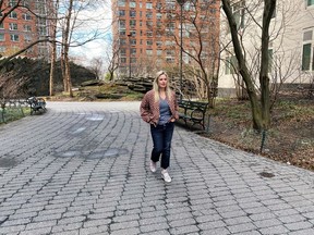 Melissa Hobley, chief marketing officer of dating app OkCupid, walks in a park in downtown Manhattan in New York City, U.S., March 17, 2020.