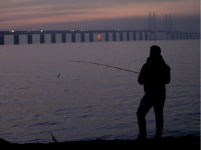 FILE PHOTO: A man fishes near the Oresund bridge in Malmo January 21, 2011. The bridge, which links the city of Malmo in Sweden to Copenhagen, the capital of Denmark, has a total length of 7,845m, according to Oresund Bridge's official website.