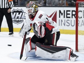 Ottawa Senators goalie Marcus Hogberg looks to block the puck during the second period against the Anaheim Ducks at Honda Center.