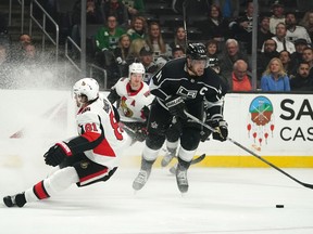 Los Angeles Kings centre Anze Kopitar (11) moves the puck against Ottawa Senators defenceman Ron Hainsey (81) in the second period at Staples Center in the NHL's last game before the season was suspended.