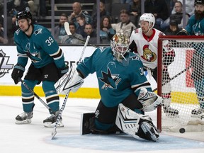 San Jose Sharks goaltender Aaron Dell reacts after allowing a goal by the Ottawa Senators during the first period at SAP Center at San Jose.