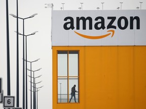 The Amazon logo is seen at a company logistics centre.