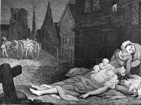 Etching of plague victims, London, during the 1665-66 bubonic plague outbreak.