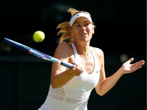 Russia's Maria Sharapova in action during her semi final match at Wimbledon in 2015.
