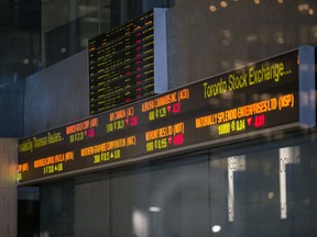 A Toronto Stock Exchange (TSX) ticker in the financial district of Toronto.