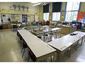 An empty Quebec classroom.