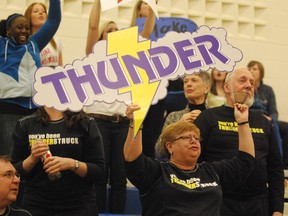 Fans root for Algonquin Thunder during a basketball game against the Montmorency Nomades.