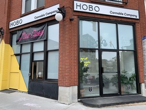Hobo Cannabis Co. on Clarence Street in the ByWard Market re-opened after the provincial government decided on April 7, 2020 to reverse an order made a few days before to close marijuana shops as non-essential businesses during the COVID-19 pandemic. A take-out window has been created on the left.