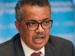 This handout picture made available by the World Health Organization (WHO) shows WHO Director-General Tedros Adhanom Ghebreyesus speaking during a press briefing on the novel coronavirus (COVID-19) virus at the WHO headquarters in Geneva on March 16, 2020. -