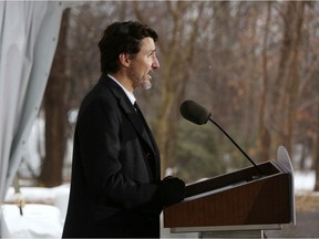 Prime Minister Justin Trudeau speaks during a news conference on COVID-19 situation from his residence in late March.