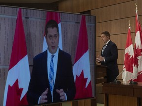 Leader of the Opposition Andrew Scheer speaks during a news conference in Ottawa, Tuesday April 14, 2020.