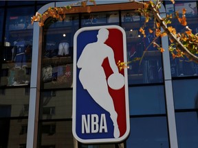 The NBA logo is seen on a store